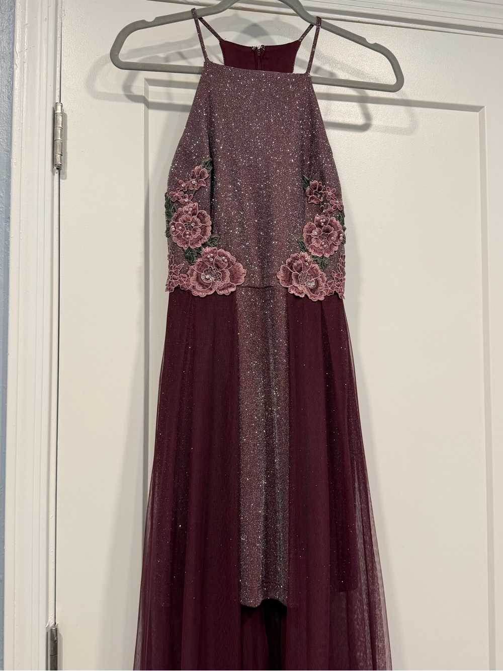 Sparkling Burgundy Embroidered Halter Gown